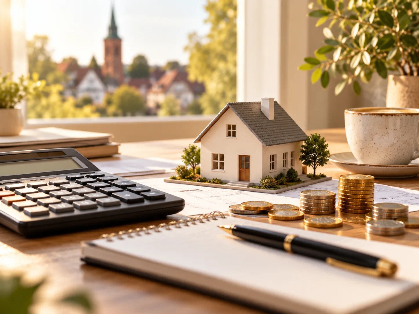 Hausmodell mit Rechner und Münzen bei der Budgetplanung