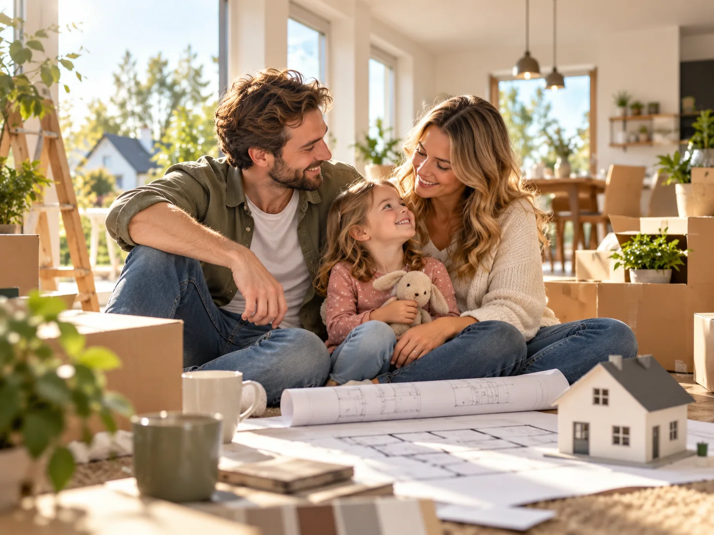Familie bespricht Umzugs- und Wohnpläne im neuen Zuhause