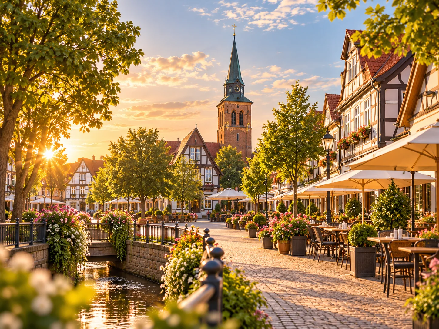Symbolische, regional inspirierte Altstadtansicht bei Abendlicht – keine authentische Ortsfotografie